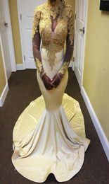 High Neck Ivory and Gold Mermaid Long Sleeve Prom Dress Black Girls African Formal Evening Party Gown Custom Made Plus Size2186751