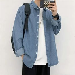 Mens Denim Shirt Fashion Harajuku Long Sleeve Tops Spring Autumn Vintage Baggy Jacket Trend Streetwear Oversized Male Clothing 240326