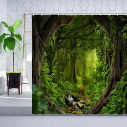 Shower Curtains Tropical Jungle Tree Hole Curtain Sets Green Plants Forest Leaf Bathroom Decor Bathtub Screen Hanging Polyester