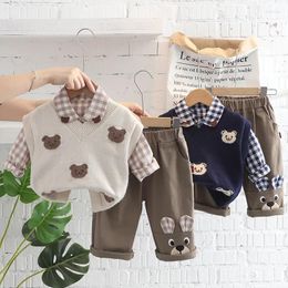 Clothing Sets Boys Clothes Children's Autumn Coat Bear Print V-neck Vest Plaid Shirt 1-5 Years Old Toddler Sweater Three-piece Set