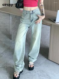 Women's Jeans Circyy Woman High Waisted 2024 Embroidered Flares Wide Leg Loose Denim Pants Vintage Fashion Light Blue Trousers