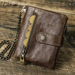 Money Clips CONTACT genuine leather mens wallet anti-theft chain RFID leisure wallet mens wallet credit card mini coin pocket L240402