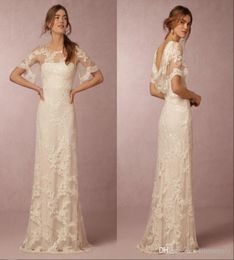 Simple Lace Wedding Dresses with Short Sleeves Bridal Gowns Cheap Cowl Back Illusion Boatneck Column A Line Beach Wedding Gowns Cu2897875