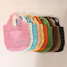 Versatile large capacity hollow straw woven bag Xiaoqing candy color one shoulder tote woven bag portable beach bag 240329