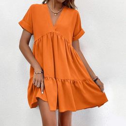 Casual Dresses For Women 2024 Plus Size Bohemian Ruffles V Neck Solid Loose Swing Dress Knee Length Shorts Sleeve