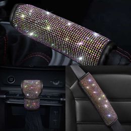 Upgrade 2022 PU Leather Car Steering Wheel Cover Set Diamond Pink Auto Wheel Covers Cases For Lady Girls Car Accessories For Woman