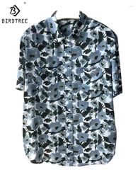 Women's Blouses BirdTree Lapel Short Sleeve Floral 17MM Pure Real Silk Shirt For Women Elegant Fashion 2024 Spring Top T41571QM