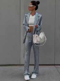 Autumn Winter Women Office Satin Suit Sets Printed Vneck Long Sleeve 2 Piece Pant Matching Set 240326
