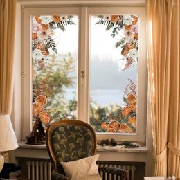 Window Stickers Kizcozy Autumn Flowers And Oranges Watercolor Corner Transparent Removable Static Cling Double-Sided Film