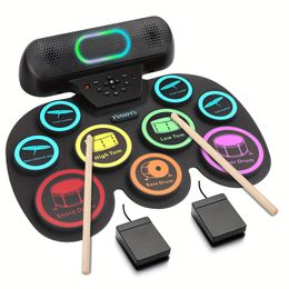 Conjunto de tambor eletrônico portátil de rolo dobrável - carregamento USB, bloco de bateria de silício, instrumento de percussão elétrica digital para iniciantes para adultos