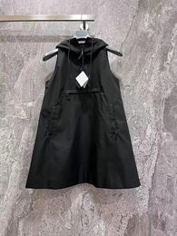 Casual Dresses Fashion High Quality Black Nylon Dress For Women 2024 Chic Hooded Sleeveless Applique Street Mini A-Line Lady