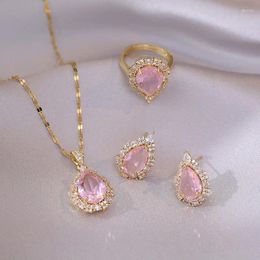 Necklace Earrings Set Bridal Pink Zircon Water Drop Stone Stud Ring Teardrop Pendants Stainless Steel Chains Necklaces For Women