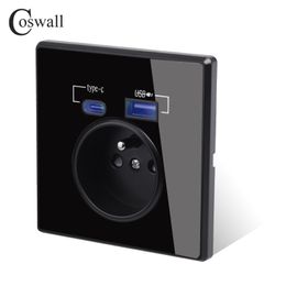 Coswall Type-C Interface Outlet, Wall PC / Crystal Panel EU Russia Spain French Standard Socket With USB Charge Port White Black