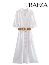 Casual Dresses TRAFZA Summer Elegant Fashion Women White Belt Shirt Dress Woman Long Sleeve Single Breasted Lapel Slim Mid Length