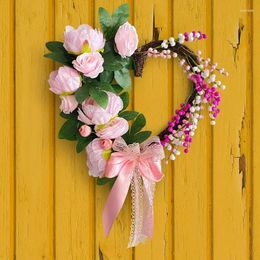 Decorative Flowers Valentine's Day Heart Wreath Artificial Pink Rose Love Bow Door Decor Roamntic Wedding Happy Valentines Party
