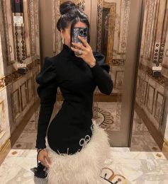 Oisslec Black High Collar Cocktail Dresses Long Sleeves Women Wear Luxury Feathers Edge Short/Mini Night Party Prom Gowns