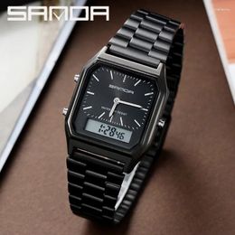 Wristwatches SANDA Luxury Mens G Style Watches Stainless Steel Women LED Digital Dual Display Clock Unisex Waterproof Sports Quartz Watch