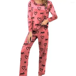 Home Clothing Breathable Women Suit Heart Print Women's Spring Pyjamas Set With Long Sleeve Top Elastic Waist Trousers Soft Casual For