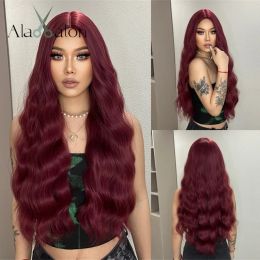 Wigs ALAN EATON Long Burgundy Wave Synthetic Hair Wigs Natural Middle Part Wine Red Wig for Daily Party Use Women Heat Resistant Wig