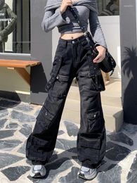 Women's Jeans 2000S Clothes Y2K Streetwear Washed Black Baggy Cargo Pants For Women Wide Leg Multi Pockets Straight Loose Lady Trousers