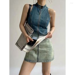 Casual Dresses Personality Street Cold-Shoulder Sleeveless Gradient Zipper Vest Dress Female Niche Slim Round Neck Denim