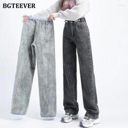 Women's Jeans BGTEEVER Winter High Waist Thicken Fleece For Women Stylish Loose Straight Female Denim Trousers