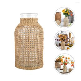 Vases Flower Container Straw Glass Vase Crystal For Flowers Woven Plant Pot Rattan Decor