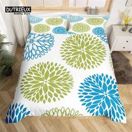 Bedding Sets Dahlia Set King Size Summer Geometric Floral Duvet Cover Microfiber Farmhouse Rustic Style Green Blue Flower Quilt