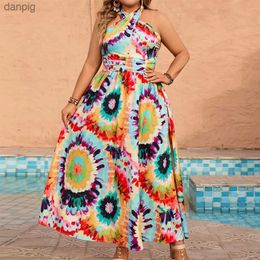 Urban Sexy Dresses Women Plus Size Bohemian Beach Dress Tie Dye Summer Long Dress Thigh Tie Backless Halter Neck Maxi Dress Mixcolor Holiday Dress Y240402