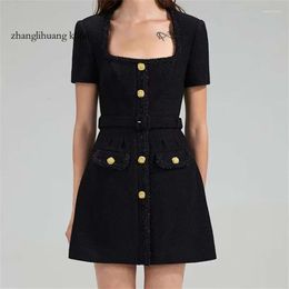 Dresses 2024 Spring Casual 2023 In Square Neck Tweed Waist Short Skirt Elegant For Women Korean Fashionthe Mini Sleeved Top