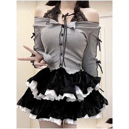 Work Dresses Sweet Dress Sets Women Japanese Kawaii Lolita Skirt Set Slim Lace Bow Slash Neck Tops Black Veet Cake Mini 2 Pieces Drop Dhybc