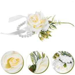 Decorative Flowers Decor Wrist Flower For Bride Corsage Groom Fake Bracelet Costume Accessory White Wristband Bridesmaid