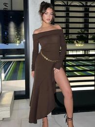 Casual Dresses BOOFEENAA Asymmetrical Ruffle Flare Dress Sexy Y2k Aesthetic Off Shoulder Long Sleeve Maxi For Women 2024 Fall C15-CH39
