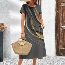 Classy Women Dress Summer Short Sleeves Dresses Colour Clash Print Woman Clothing Loose ALine Skirt Casual Round Collar Pullover 240321