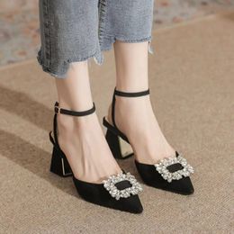 Rimocy Ankle Strap Crystal Sandals for Women Pointed Toe High Heels Sandalias De Mujer Shiny Rhinestones Square Heeled Pumps 240311