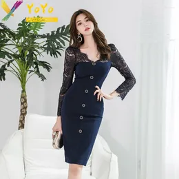 Casual Dresses Fashionable Office Blue V-neck Hollow Lace Long Sleeve Panel Dress Elegant 2024 Spring/Summer Slim Bodycon Party Club