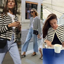 Striped cardigan Womens traf spring cotton yarn line small fragrance round neck black and white horizontal striped cardigan 240323