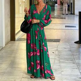 Casual Dresses Women Beach Dress Deep V Neck Tight Waist Long Sleeve Pleated Loose Ankle Length Summer Vacation Holiday Boho