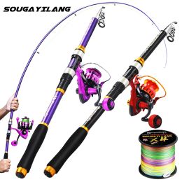 Combo 1.83.3m Telescoping Fishing Rod and Spinning Reel Combos Full Kit Purple Fishing Pole for Travel Saltwater Freshwater Fishing