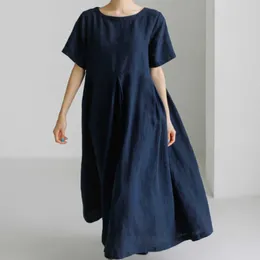 Casual Dresses Women Loose Long Dress Summer O-Neck Short Sleeve Solid Colour Maxi Shirring Female Holiday Vacation