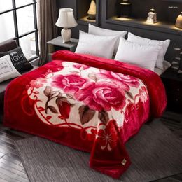 Blankets Fleece Blanket Plush King Size Heavy Mink Silky Soft And Warm 2 Ply A&B Printed Raschel Bed Rose/Peony