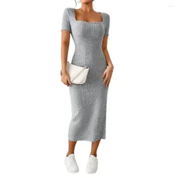 Casual Dresses Women Dress Square Neck Split Hem Knitted Elastic Skinny Mid-calf Length Short Sleeves Party Commute