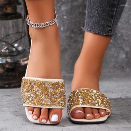 Slippers Bling Crystal Flats Square Toe Women Shoes Summer Slingback Sandals 2024 Fashion Luxury Mujer Slides Walking Flip Flops