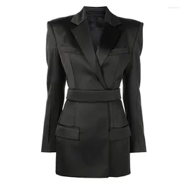 Casual Dresses Satin Blazer Dress With Belt Pink Black Suit 2024 Designer Temperament Bright Long Sleeve Mini High Quality