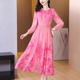 Casual Dresses Women Pink Print Mulberry Silk Midi Dress Spring Summer Vintage Party Vestidos Elegant Loose Lace-Up Holiday J132