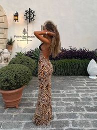 Elegant Women Halter Lace Leopard Print Maxi Dresses Long Dress Fashion Backless Sleeveless Female Party Evening Vestido 240327