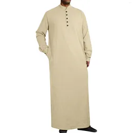 Ethnic Clothing Muslim Men Jubba Thobe Long Sleeve Solid Breathable Robes 2024 Stand Collar Islamic Arabic Kaftan Abaya