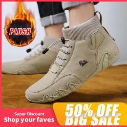 boots Men's Winter Shoes with Free Shipping Black Leather Boots Men Luxury High Top Sneakers Fur Plush Ankle Boots Man Motorcycle Shoe