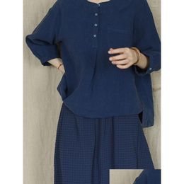 Womens Blouses Shirts 117-131Cm Bust / Spring Women All-Match Basic Loose Blue Comfortable Natural Fabric Water Washed Linen Shirts/Bl Dh93T