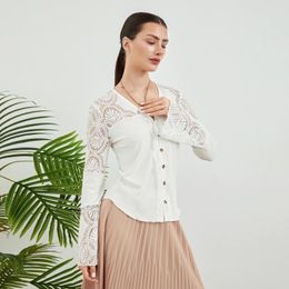 Women's Blouses Women Shirt Button-down Deep V-neck Lace Patchwork Hollowed Out Spring Fall Tops Long Sleeve